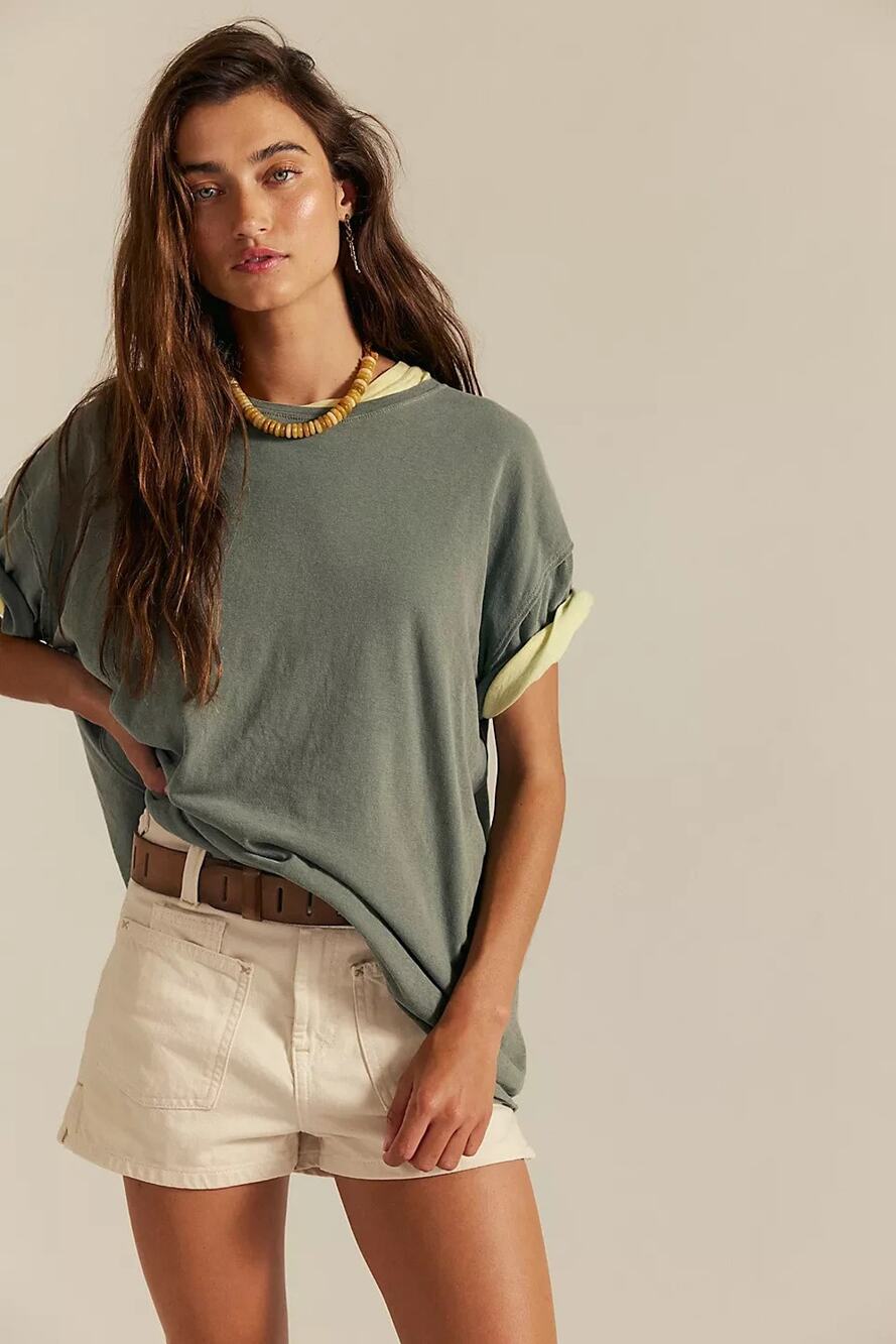 Free People We The Free Crewneck Nina Tee Slouchy Oversize Sz XL Olive Stone
